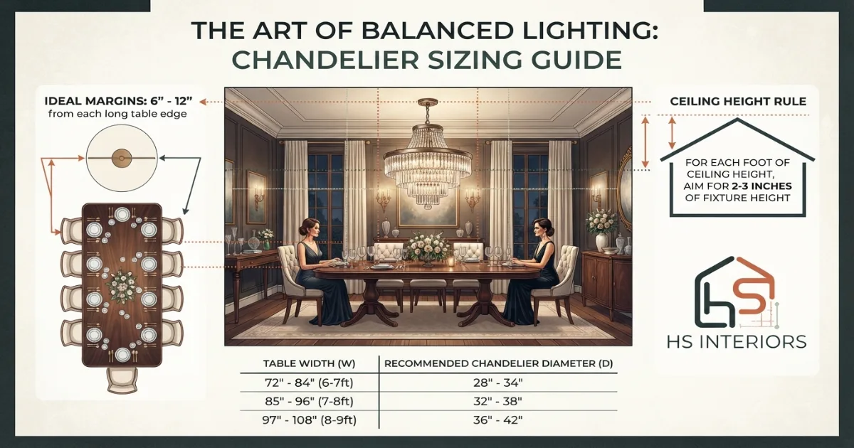 Chandelier size calculator showing dining table width with margin on each side for the fixture
