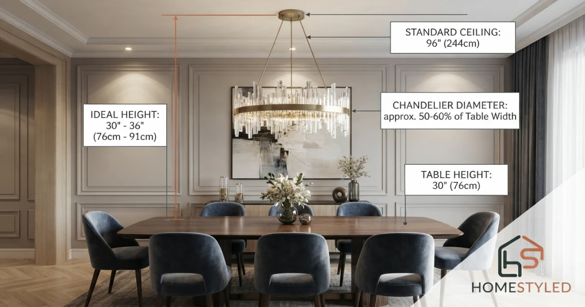Chandelier size calculator showing recommended mounting height above a dining table