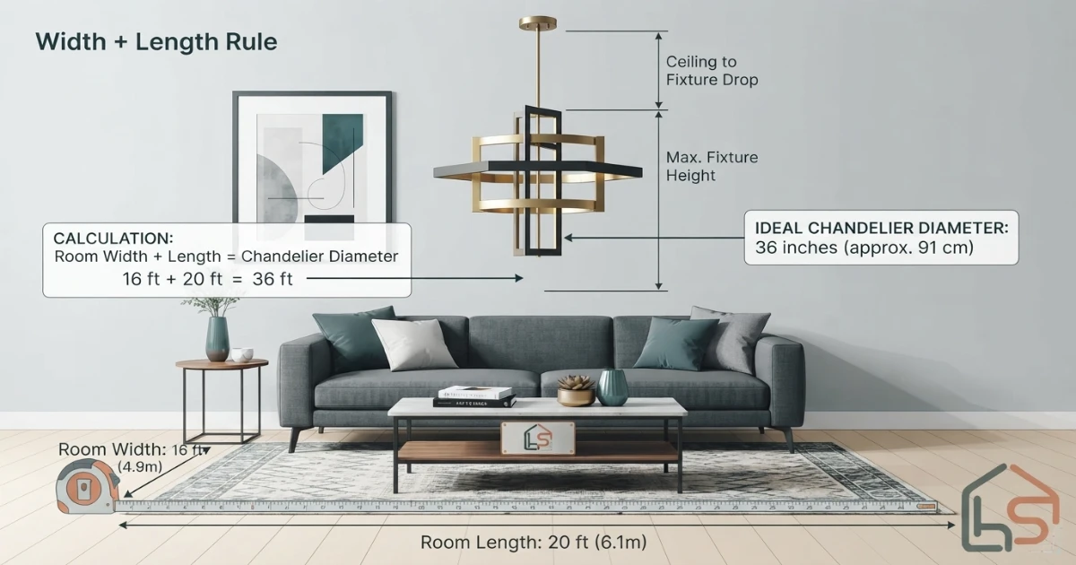 Chandelier size calculator illustrating the width plus length rule for a living room