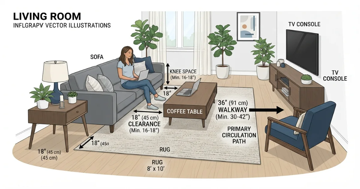 Coffee table size calculator showing clearance zones between sofa, table and walkway