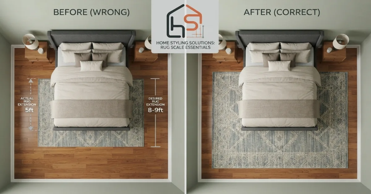 Bedroom rug that is too small to extend usefully beyond the bed
