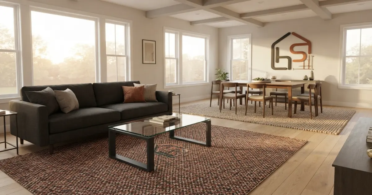 coordinating rug size open floor plan living and dining zones