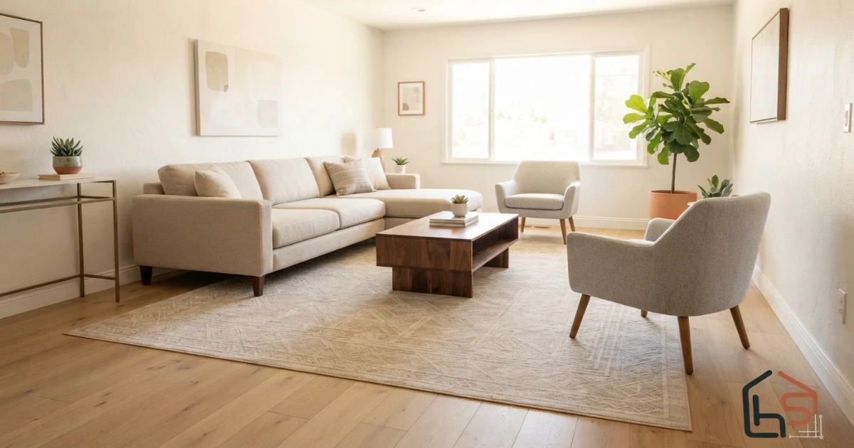 Living room with a properly sized area rug anchoring the sofa and coffee table