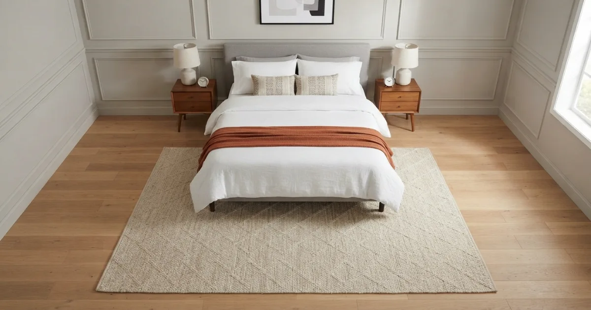 Rug under the lower two-thirds of a bedroom bed