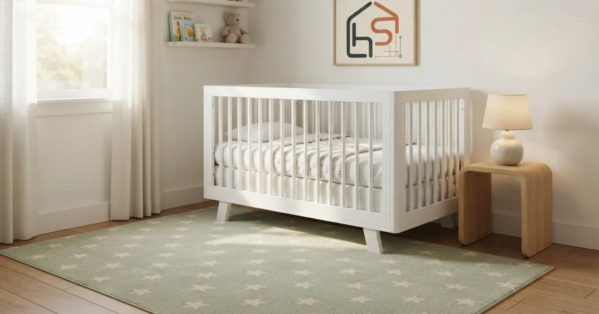 Nursery rug size placed partly under a standard crib