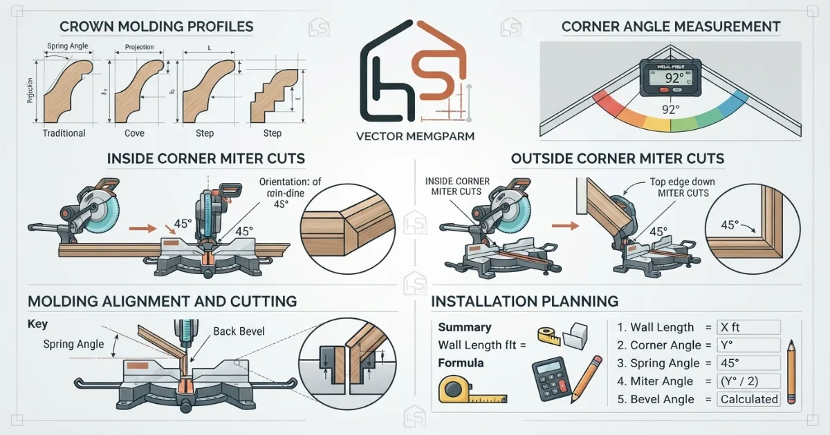 Crown molding calculator illustrating miter cuts at inside and outside corners