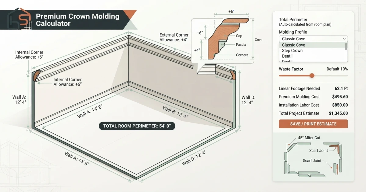 Crown molding calculator showing room perimeter being measured
