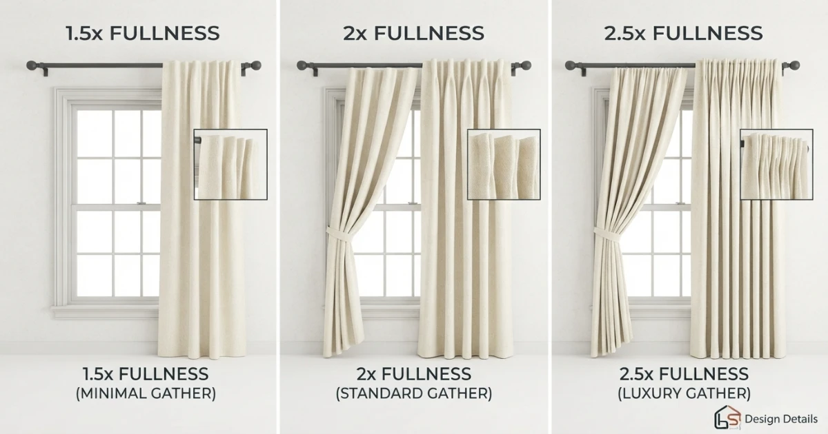 How wide should curtains be comparing 1.5x 2x and 2.5x fullness