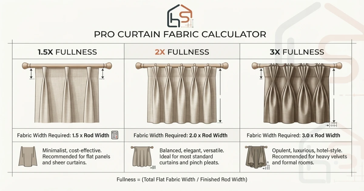 Curtain fabric calculator comparing 1.5x, 2x and 3x fullness ratios