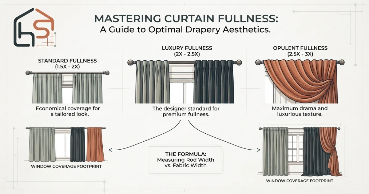 Curtain cost calculator illustrating fullness ratio between fabric width and window width