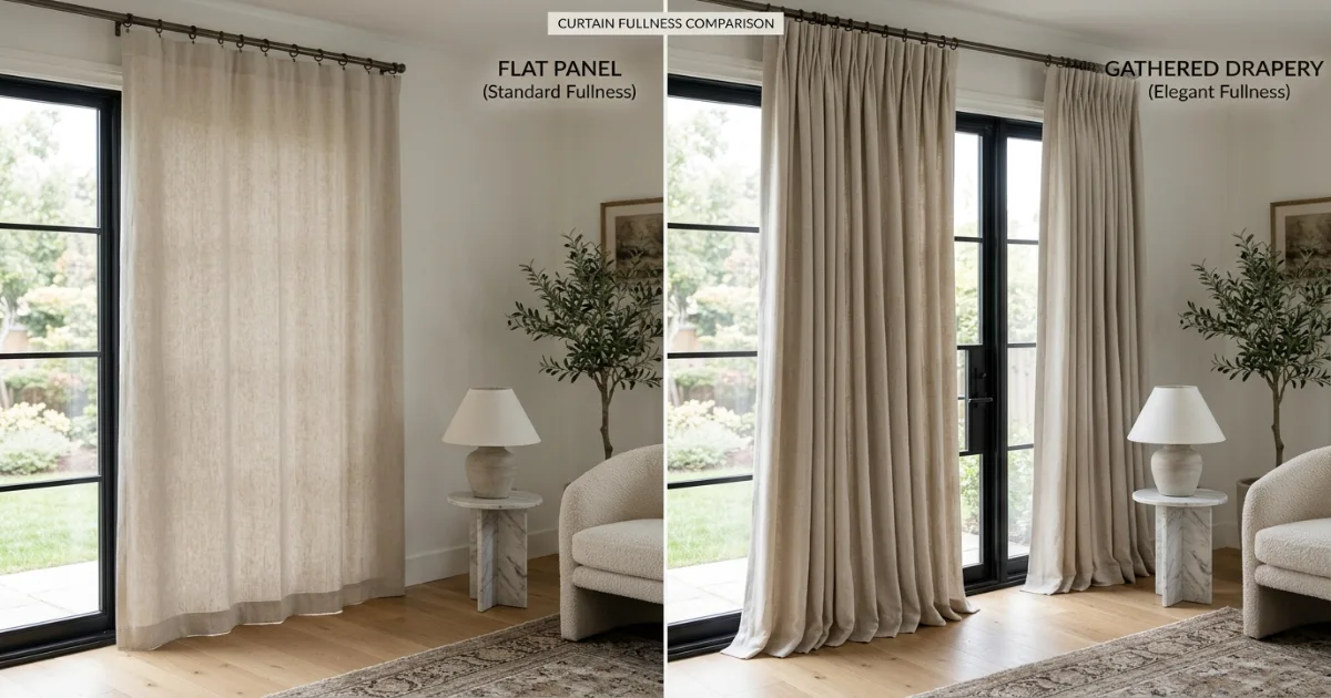 Curtain fullness comparison showing flat panel versus gathered fabric