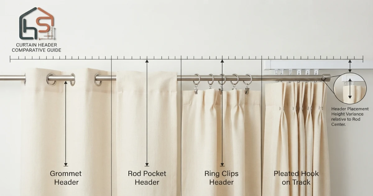 Curtain header hanging point comparison for grommets rings pockets and tracks