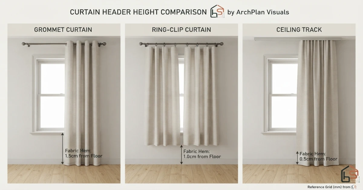Curtain length guide showing rod rings hooks and tracks