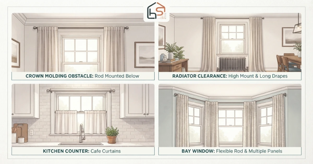 Curtain rod height exceptions for crown molding radiators counters and bay windows