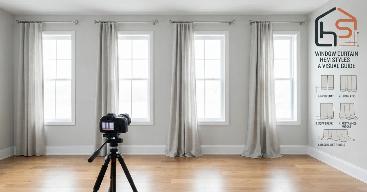 Curtain length guide comparing float floor kiss break and puddle