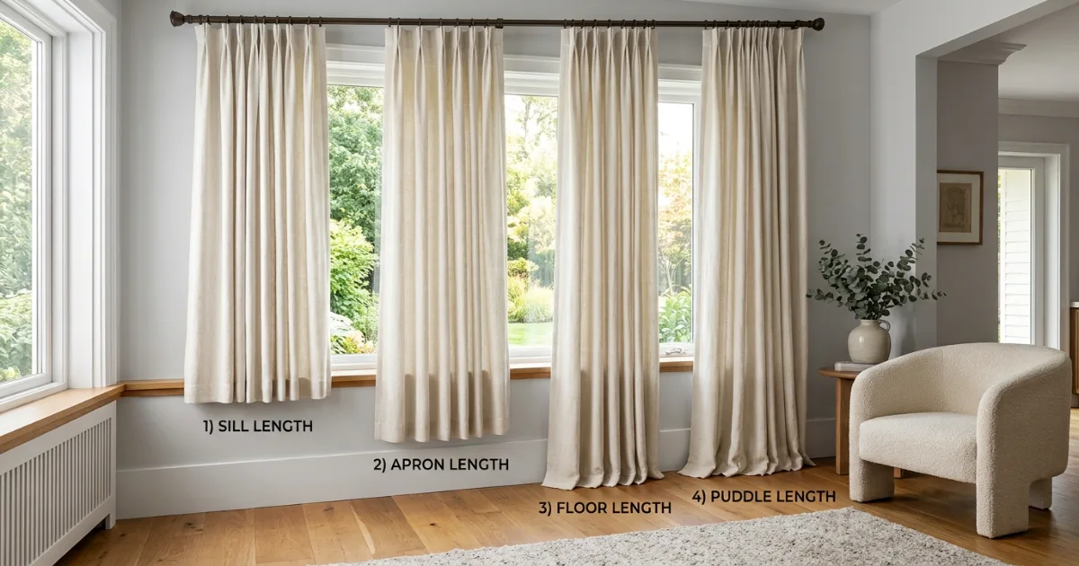 Curtain length comparison showing sill, apron, floor and puddle lengths
