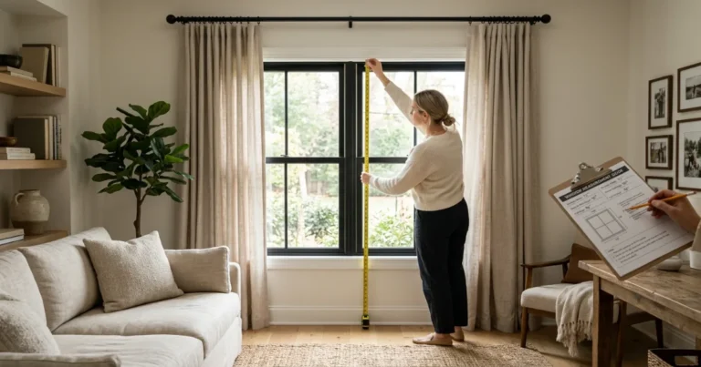Curtain measurement guide showing rod width and curtain length planning