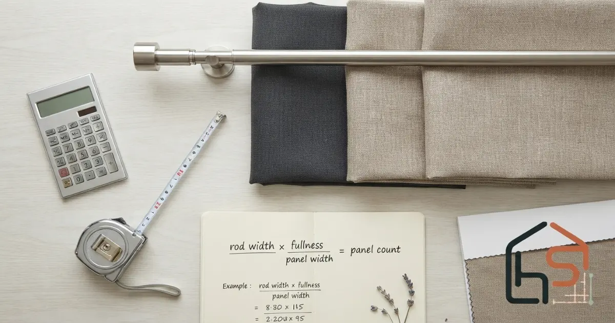 Curtain panel count formula using rod width fullness ratio and one panel width