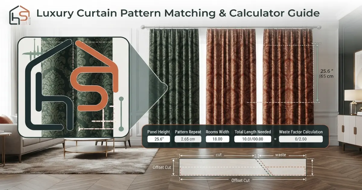 Curtain fabric calculator illustrating pattern repeat matching between panel widths