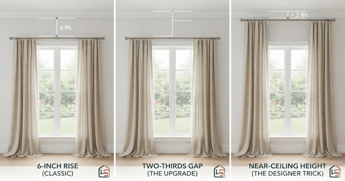 How high to hang curtains showing classic, two-thirds and near-ceiling rod positions