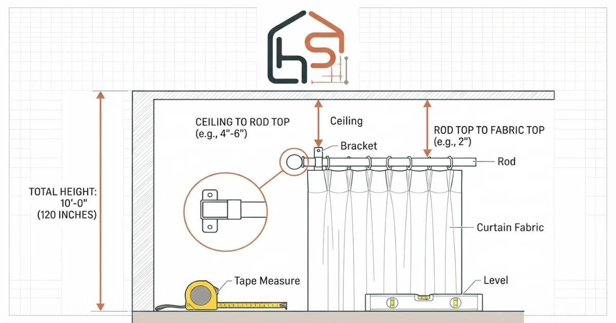 Curtains for 10 ft ceiling rod height and top-gap measurement diagram