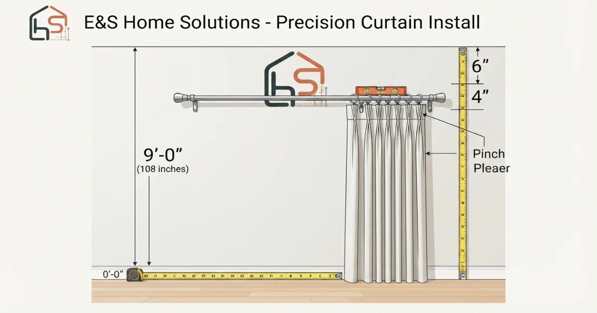 Curtains for 9 ft ceiling rod height and top-gap measurement diagram