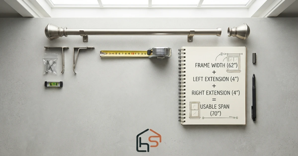 Curtain rod length installation checklist with frame extension finials and brackets