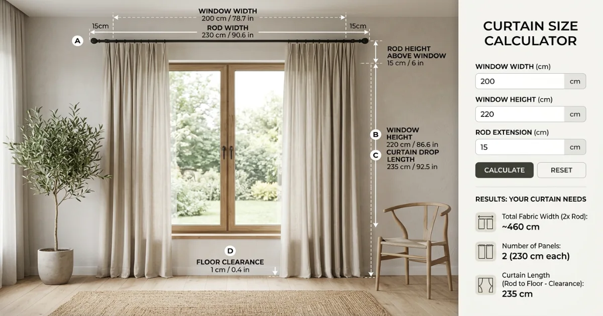 Curtain size calculator window measurement with rod width, panel fullness and floor length