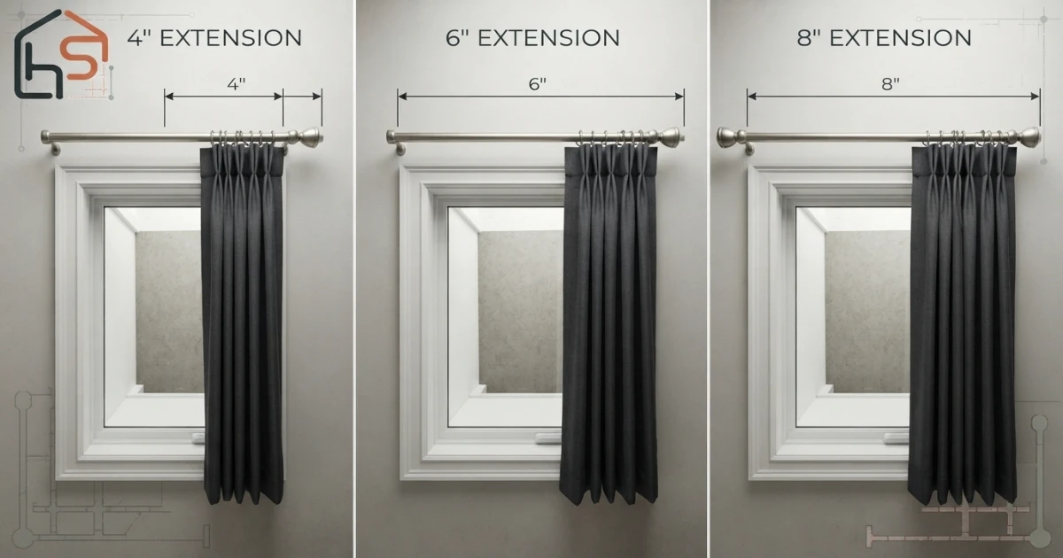 Curtain stack back compared with four six and eight inch rod extensions