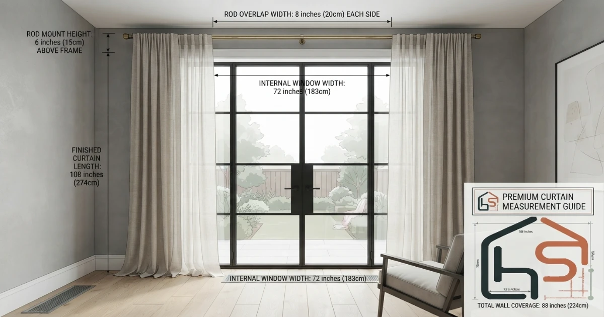 Curtain cost calculator showing window width and curtain length being measured