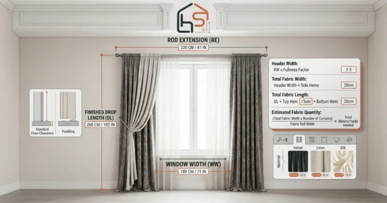 Curtain fabric calculator window measurement guide.