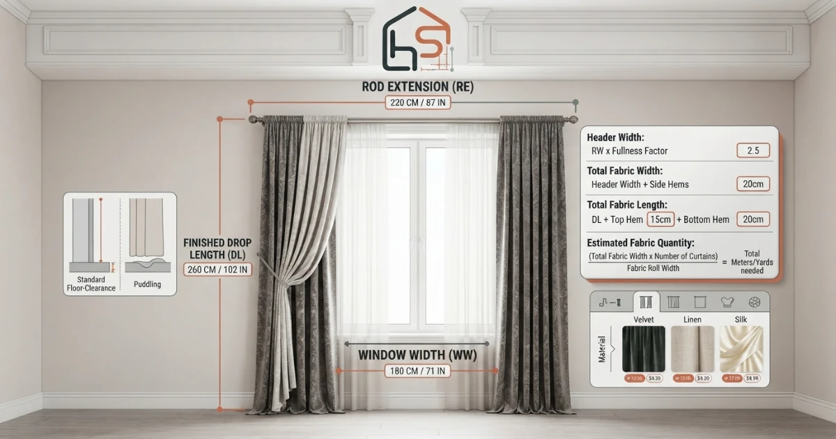 Curtain fabric calculator showing window width, rod extension and drop length measurement