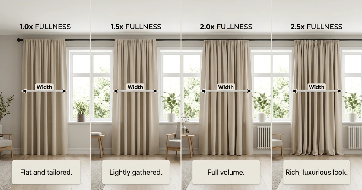 Curtain size calculator comparing fullness ratios and panel counts