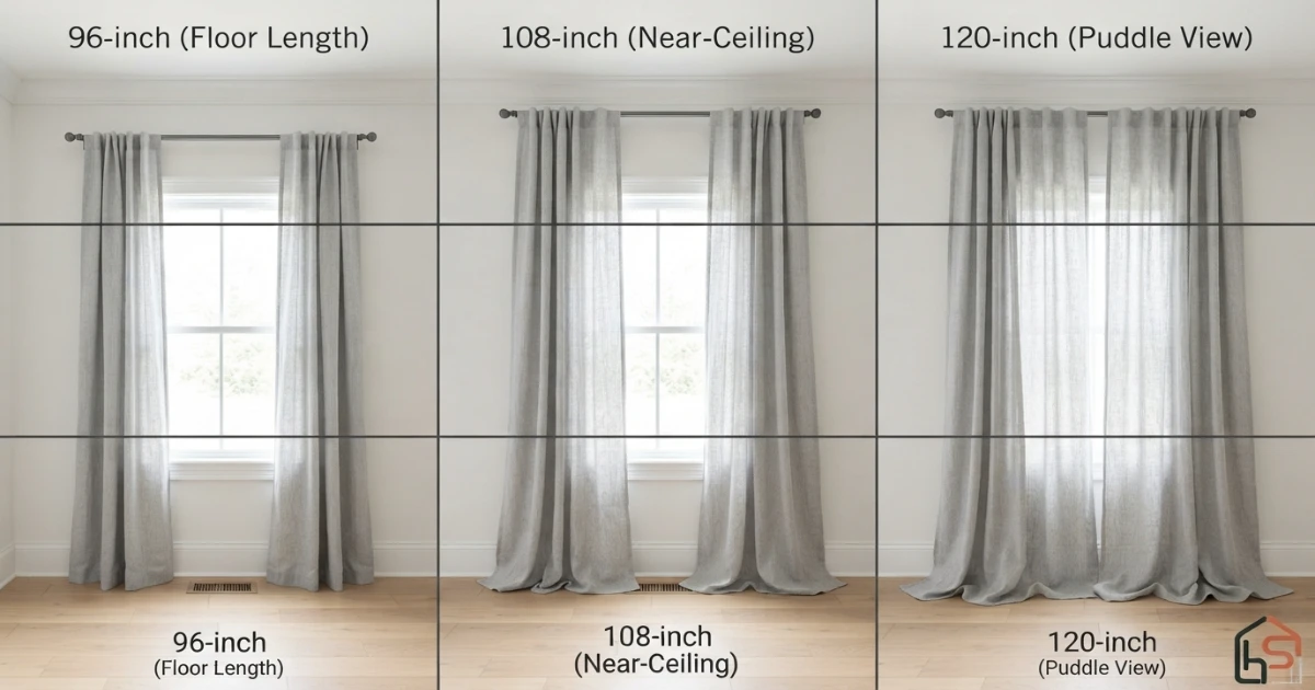 Curtains for 9 ft ceiling comparison showing 96, 108 and 120-inch panels