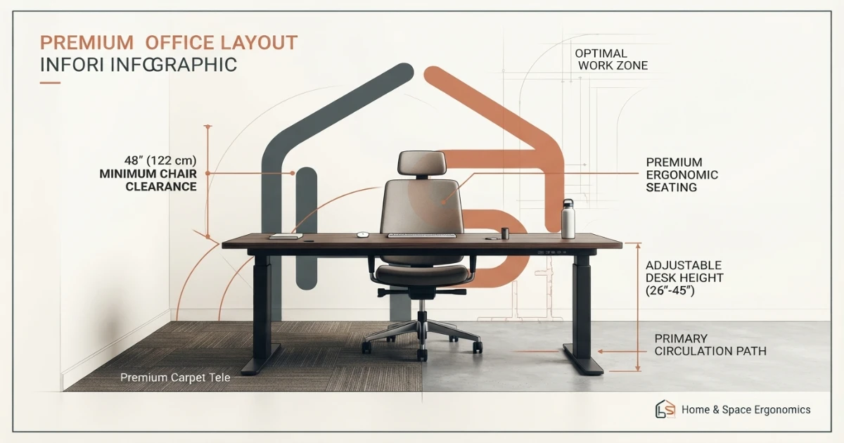 Desk size calculator showing recommended chair clearance behind a desk