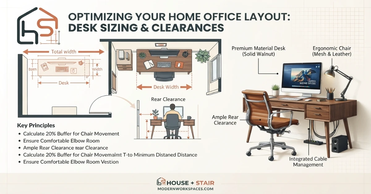 Desk size calculator showing available wall width with clearance behind the desk