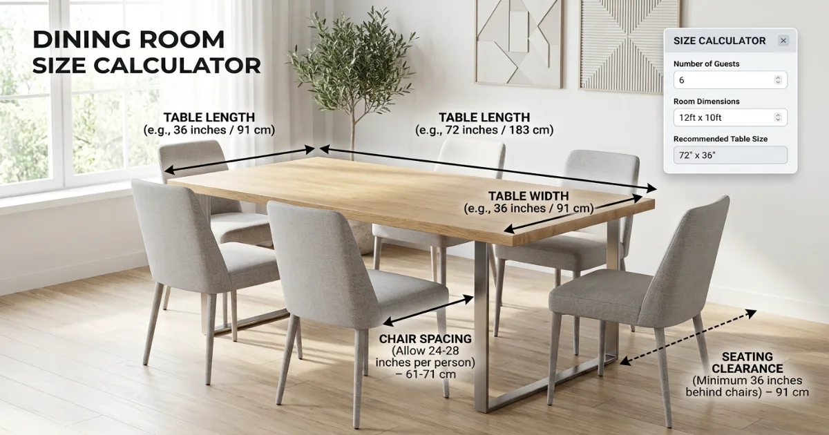 Dining table size calculator diagram showing seat spacing and table length