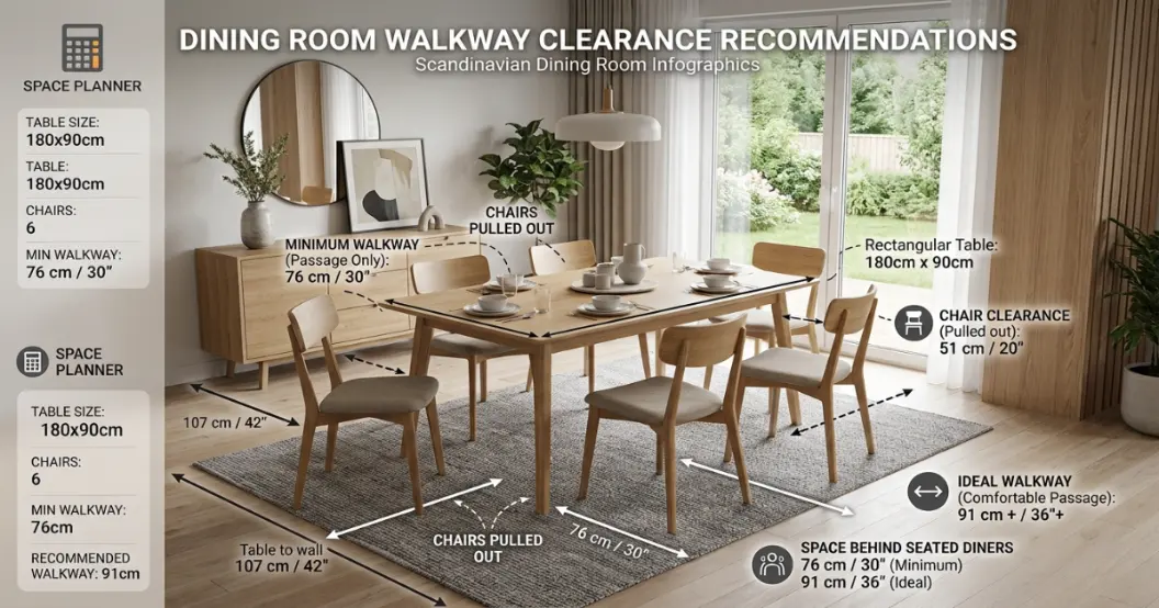 Dining table size calculator comparing walkway clearance around a table