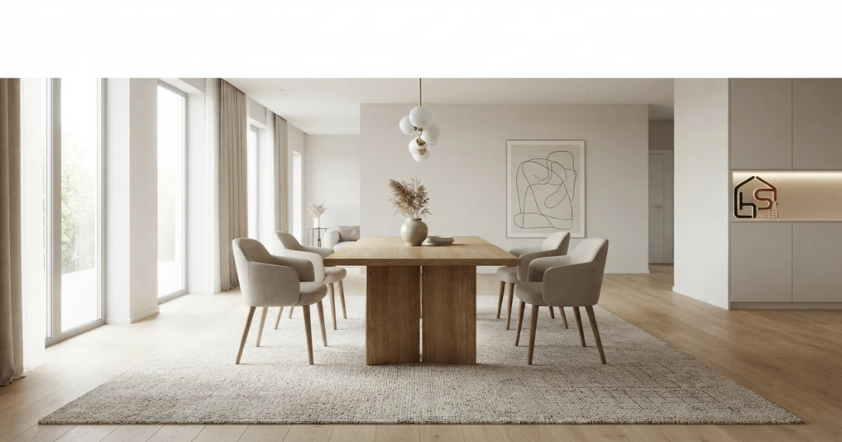 Rug size for table with 6 chairs showing all chair legs on the rug