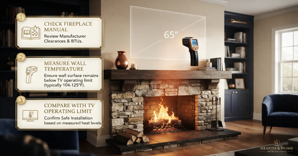 TV above fireplace heat test with thermometer and manufacturer temperature limits