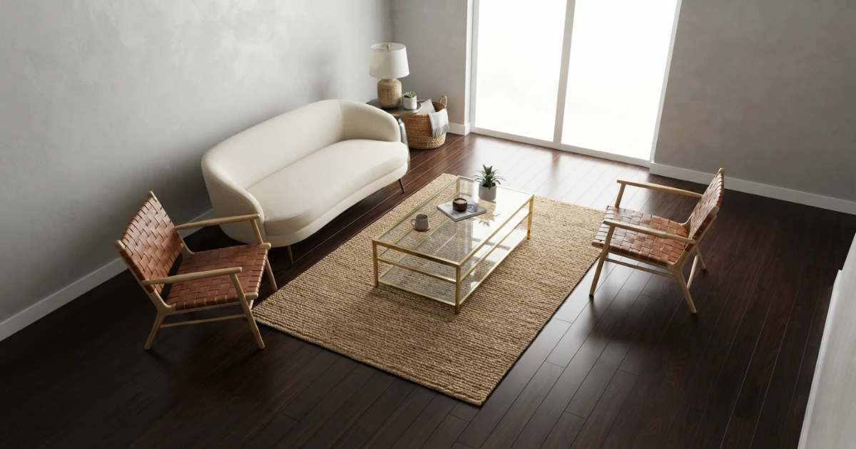 Small floating rug placed only under a coffee table in a living room