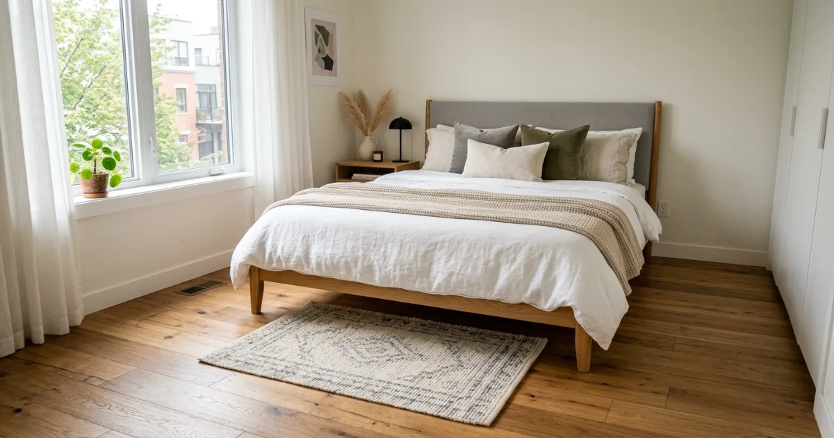 Bedroom rug size guide floating accent rug at the foot of a bed