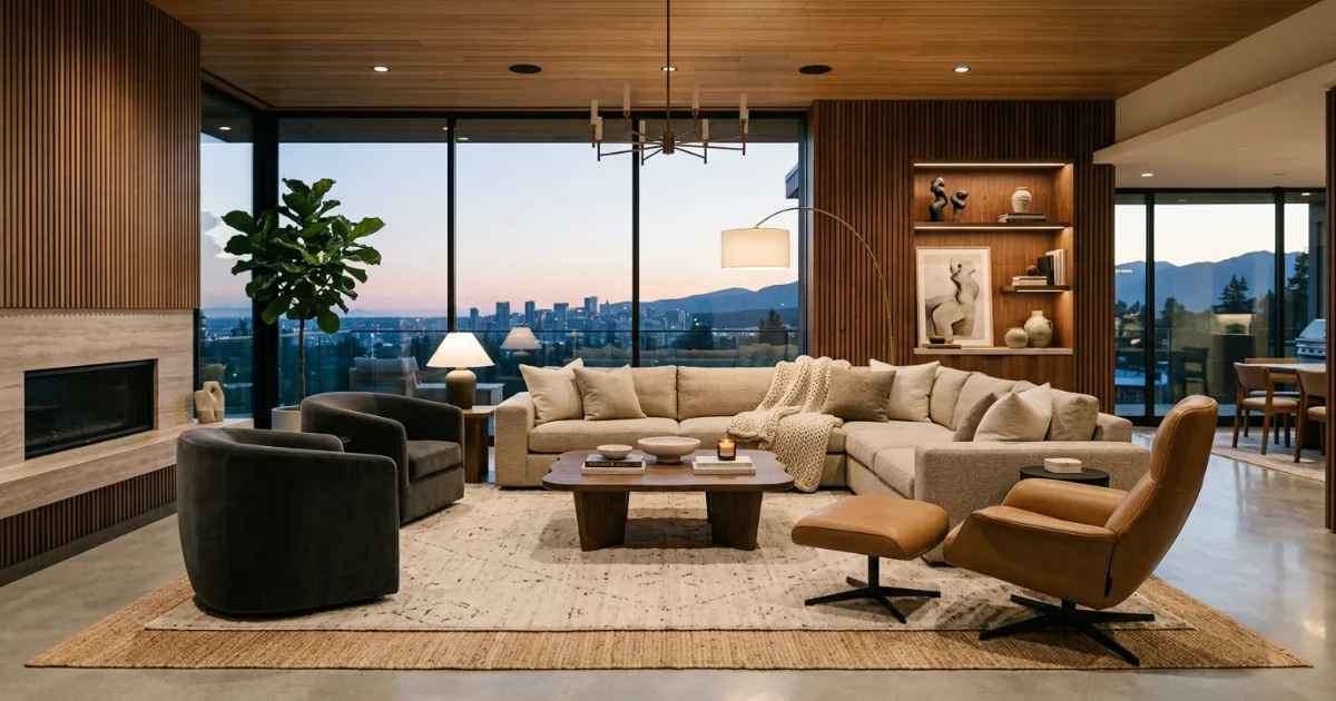 Floating living room conversation layout with furniture away from walls
