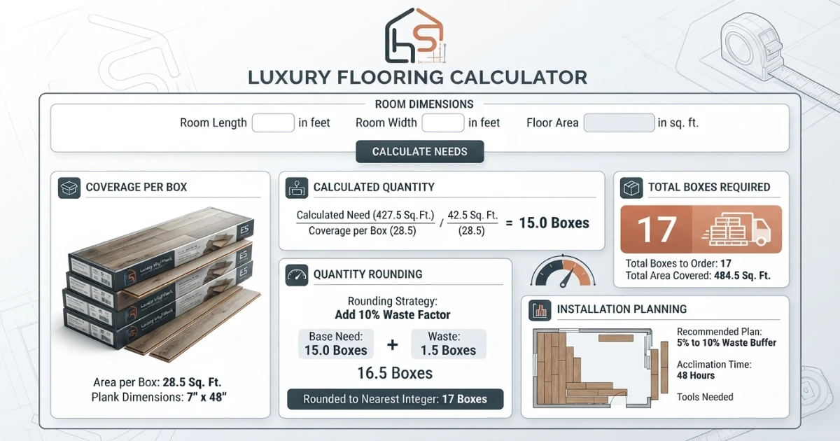 Flooring calculator showing box coverage and quantity rounding