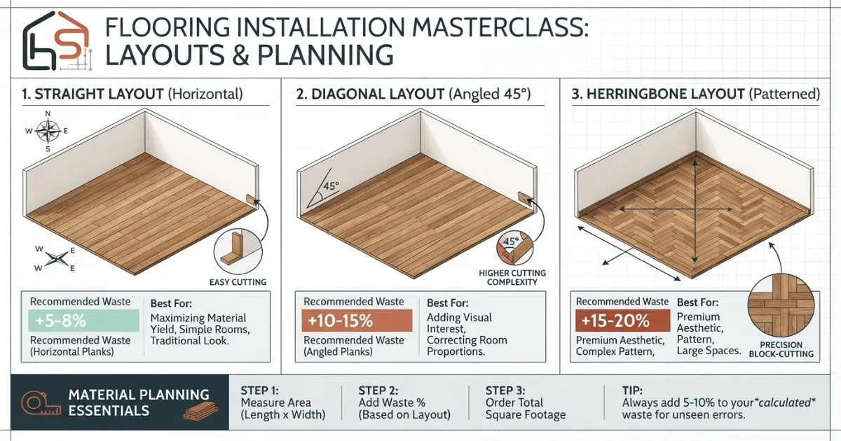 Flooring calculator illustrating waste percentage for straight versus diagonal patterns