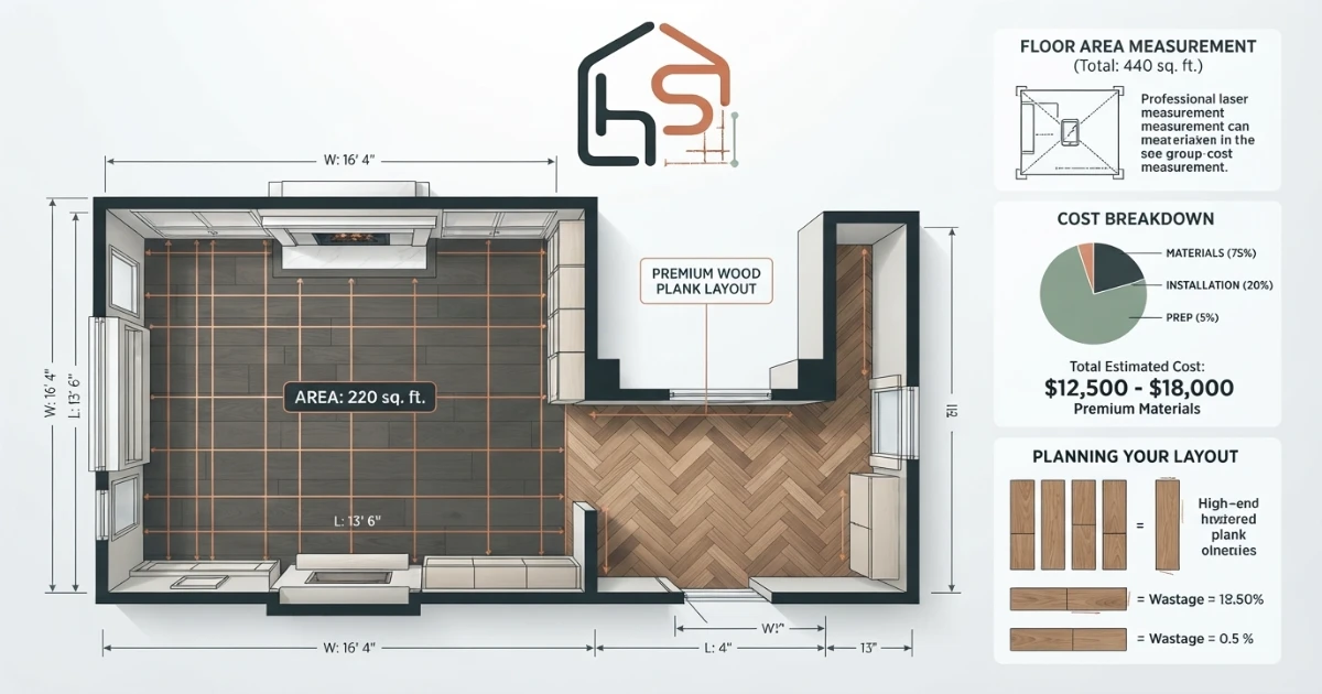 Flooring cost calculator showing material, underlayment and labor cost breakdown