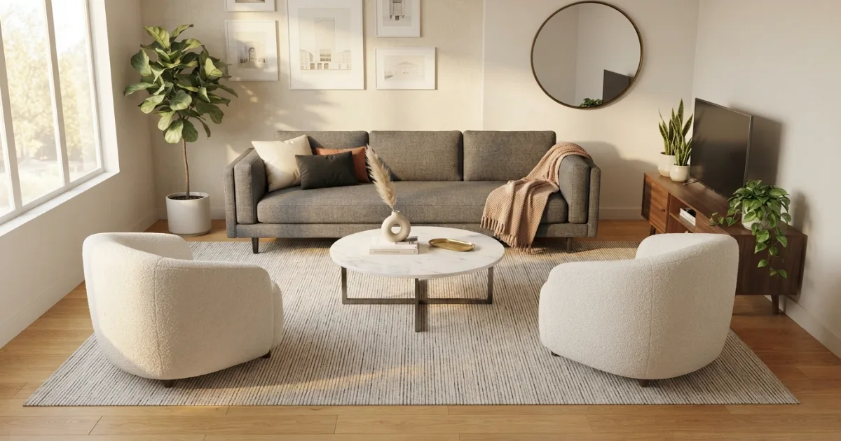 Living room rug with only the front legs of the sofa resting on the rug