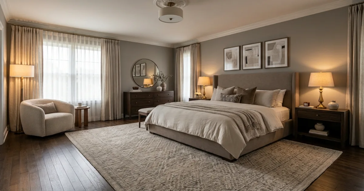 Bedroom rug size guide full coverage layout under bed and nightstands