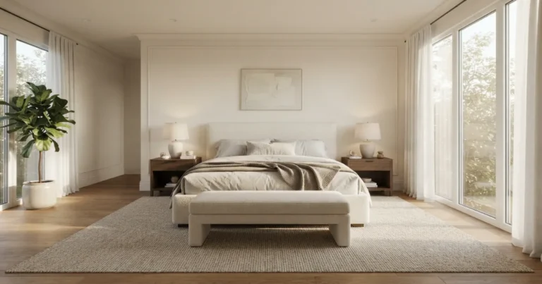 Luxury king bedroom featuring a full-coverage 10x14 area rug extending beneath the king bed, nightstands, and bench with modern neutral decor and balanced rug placement.