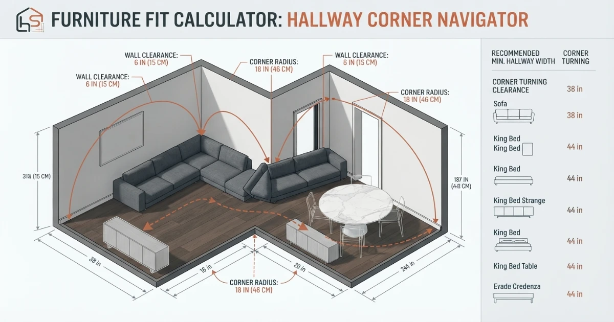 Furniture fit calculator showing a hallway corner turn clearance check